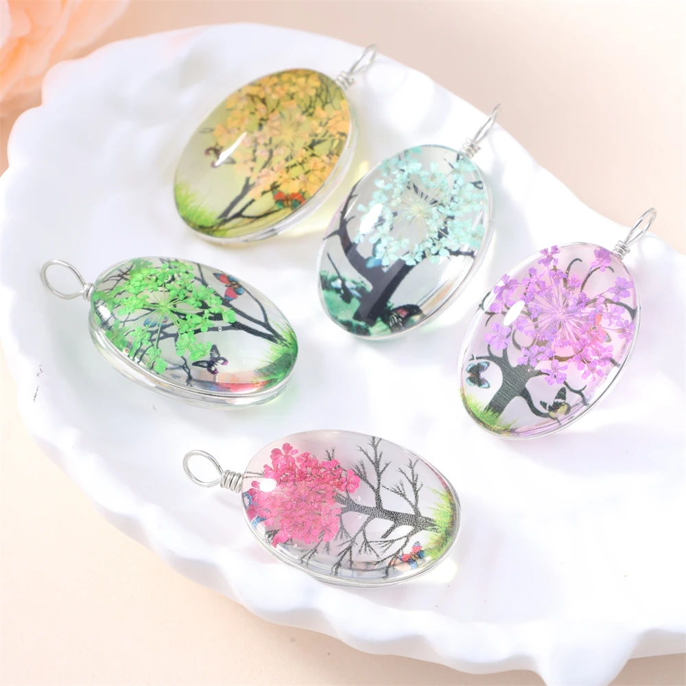Metal color: Light Yellow Gold Color - 5Pcs Time Gemstone Starry Dried Flower Pendant Round Dried Flower Glass Pendant DIY Necklace Pendant Jewelry Accessories