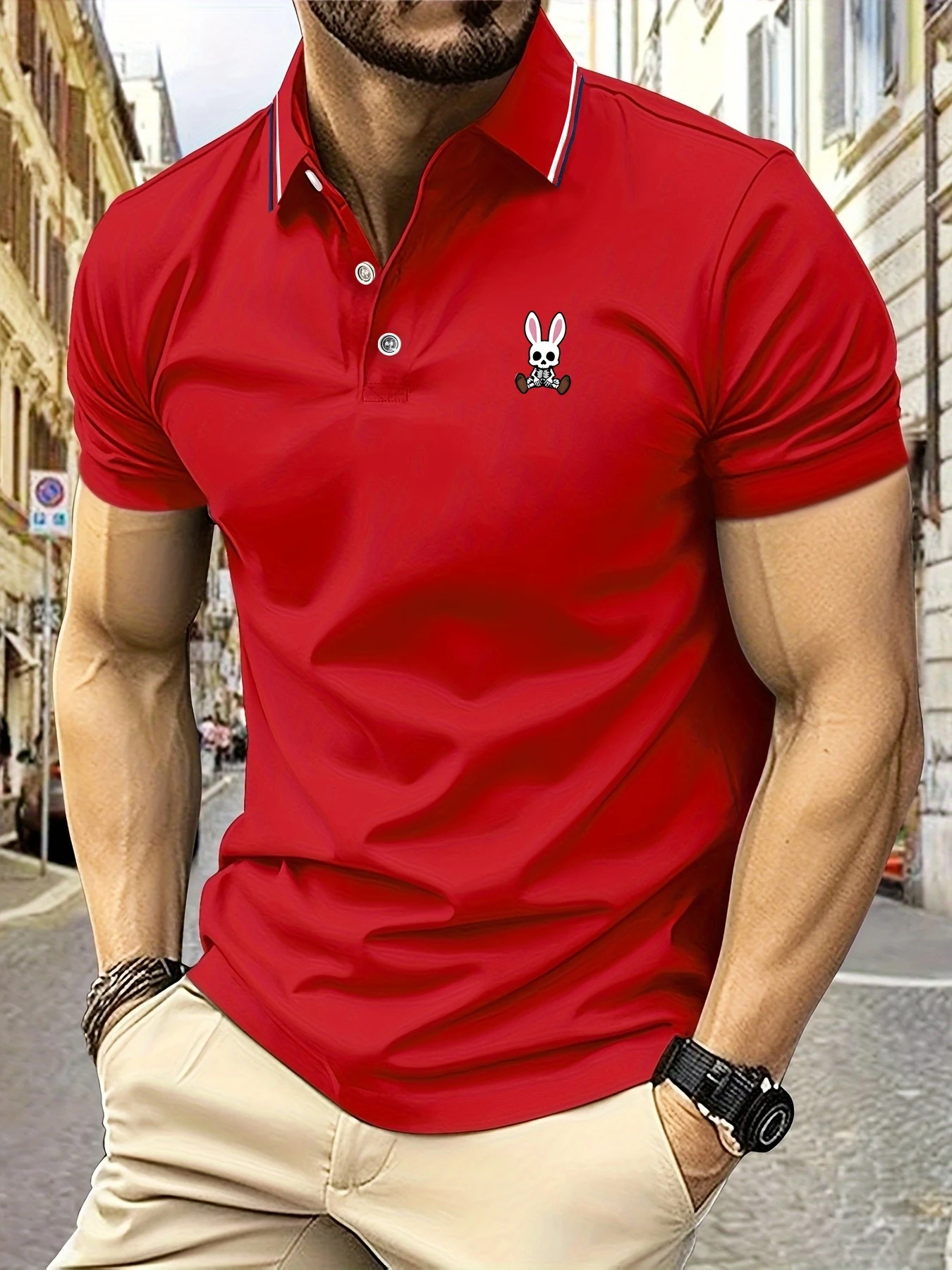 Color: green, Size: M - Mens Polo Shirts Skulls Rabbit Print 2025 New Summer Lapel Stripes Men Short Sleeve Casual Breathable Light Luxury T-Shirt