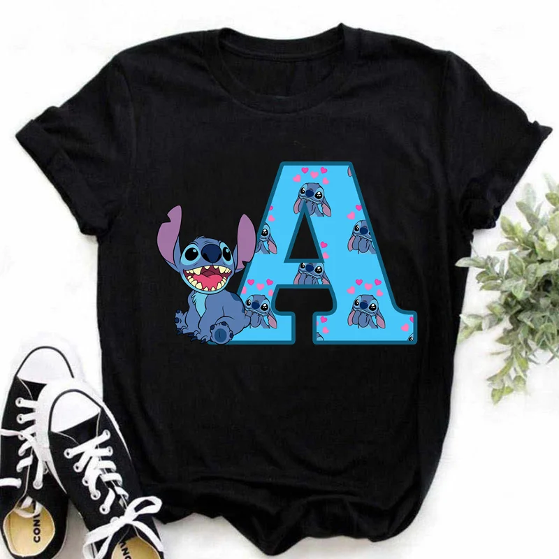 Color: GRAY, Size: S - Disney Lilo&Stitch A-Z Alphabet Summer Women's Printed T-Shirt Women's Casual Tops T-Shirt Fashion Cartoon Plus Size T-Shirt