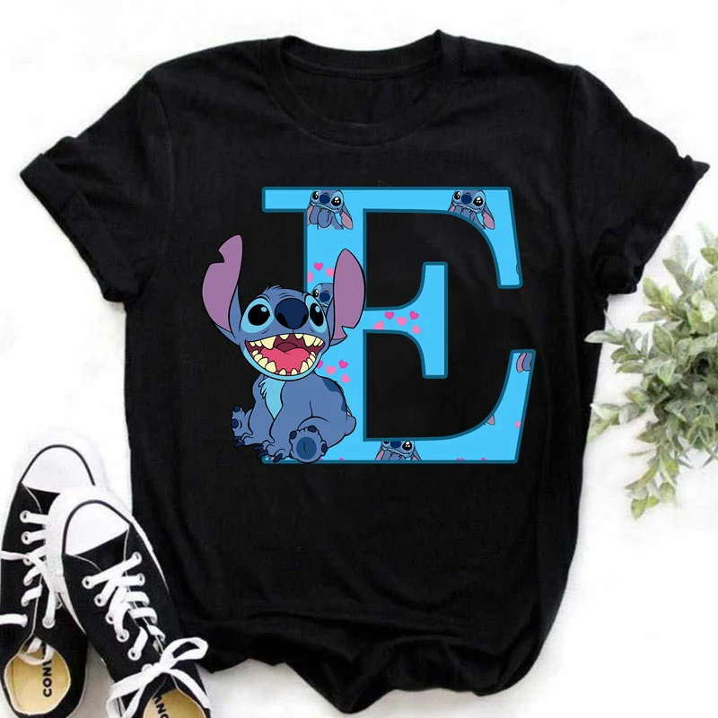 Color: GRAY, Size: S - Disney Lilo&Stitch A-Z Alphabet Summer Women's Printed T-Shirt Women's Casual Tops T-Shirt Fashion Cartoon Plus Size T-Shirt
