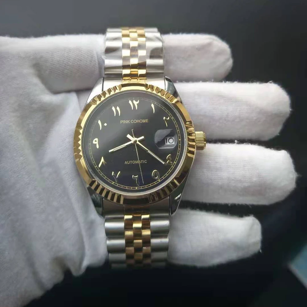 Color: Ivory - Luxury Steel Arabic Numbers Watches Automatic Movement Urdu Numerals Mechanical Wristwatch Men Waterproof Erkek Saatleri