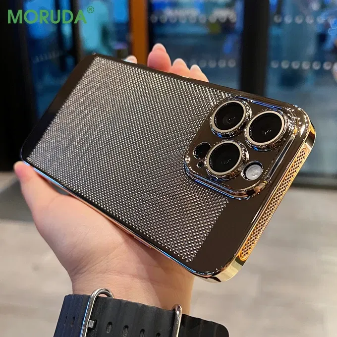 Color: Blue, Material: NEOPRENE - Luxury Plating Hollowed Out Case for iPhone 12 13 Mini 11 14 Pro Max X XR Xs Max 7 8 Plus Heat Dissipation Shockproof Lens Cover