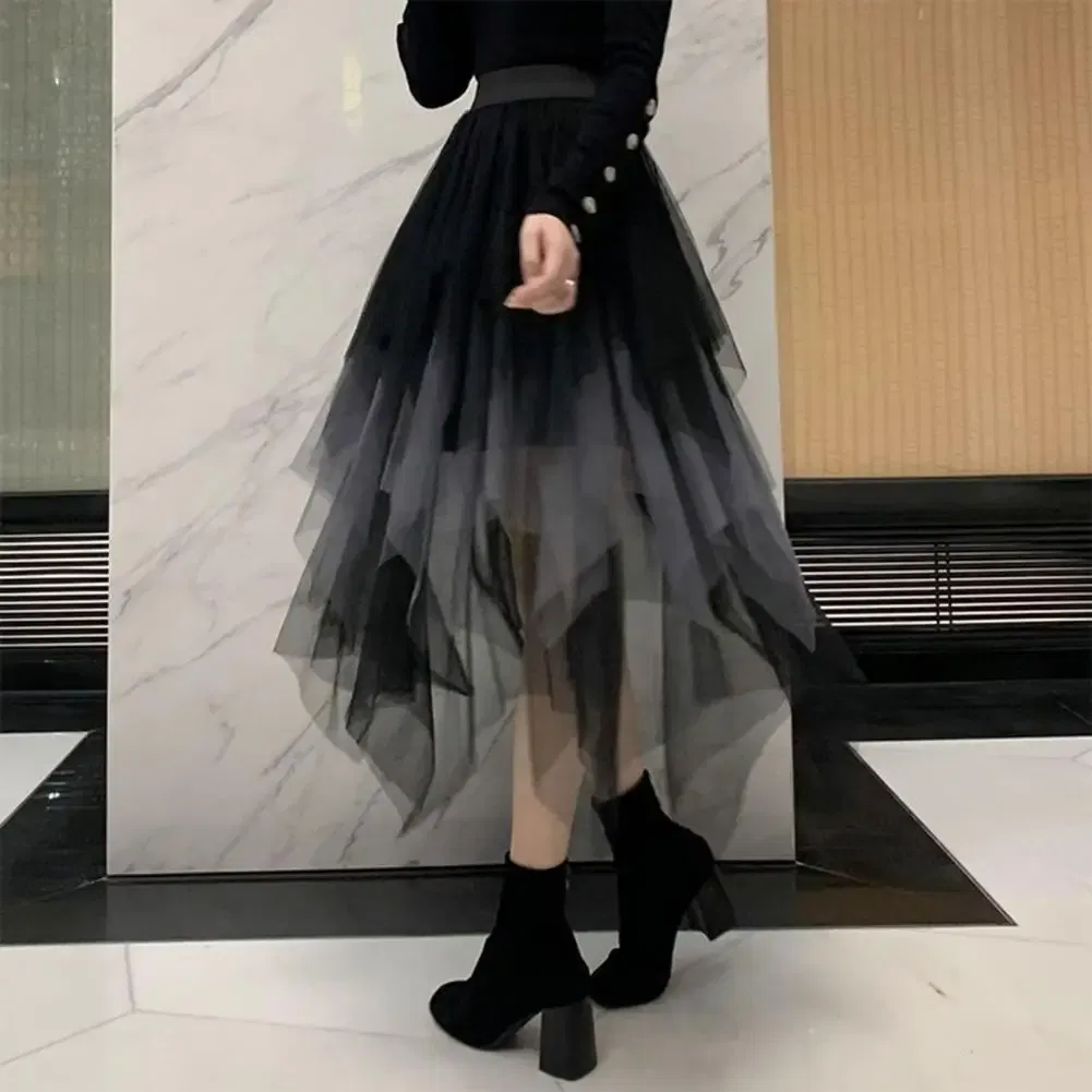 Color: green, Size: L - 2025 Irregular Mesh Women Skirt High Elastic Waist Colorful Mesh Multi-layered Soft Mid-calf Length Pleated Women Midi Skirt
