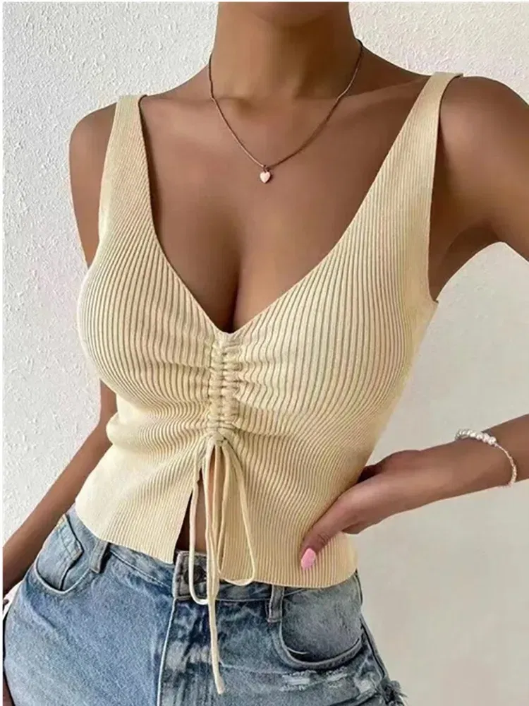 Color: Beige, Size: One Size - New Summer Women Drawstring Front Ribbed Knit Tops Femme Sexy V Neck Sleeveless Crop Top Clothes High Stretch Split Cropped Tank