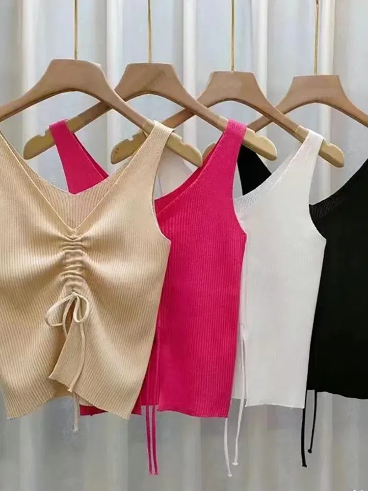 Color: Beige, Size: One Size - New Summer Women Drawstring Front Ribbed Knit Tops Femme Sexy V Neck Sleeveless Crop Top Clothes High Stretch Split Cropped Tank