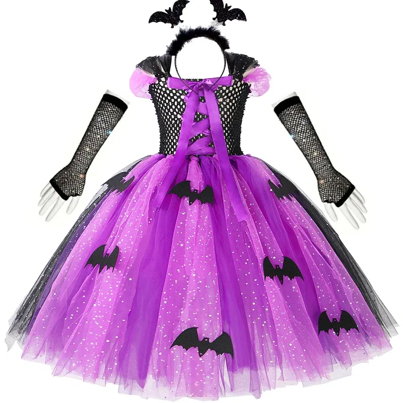 Color: Pink, Kid Size: 4T - Halloween Witch Tutu Dress for Girls Handmade Mesh Bat Wizard Cosplay Costumes with Hat Broom Toddler Evil Party Clothes Set