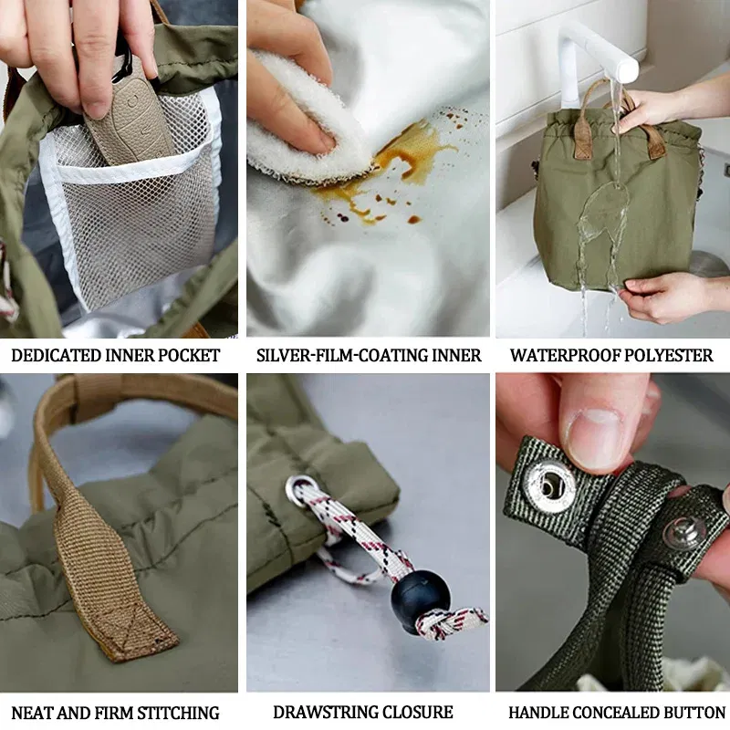 Color: Blue - Large Capacity Waterproof Lunch Bag with Drawstring Closure Thick Insulation Cooler Bento Bag for Picnic Work Student Handle Bag