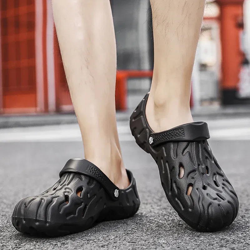 Color: Blue, Shoe Size: 41 - Men Summer Slippers Thick Sole Mens Clogs Sandals Hollow Breathable Flip Flops Sandals Shoes Fashion Beach Slippers