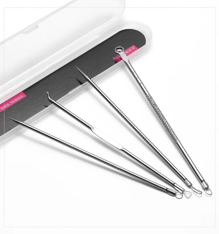 Color: Silver - 4PCS Stainless Steel Acne Needle Electroplating Colorful Rose Gold Acne Needle Extrusion Blackhead Tool Can Be Customized LOGO