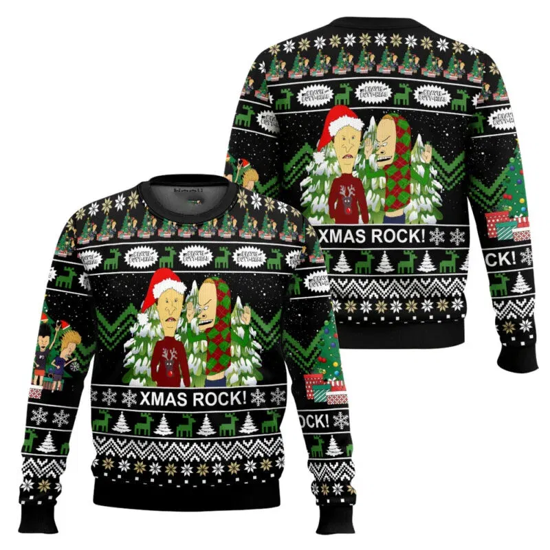 Color: Blue, Size: S - Xmas Rock Beavis and Butthead Ugly Christmas Sweater Cartoon Anime Women Men Pullover Tops New Fashion Couple Hoodie Sweatshirt