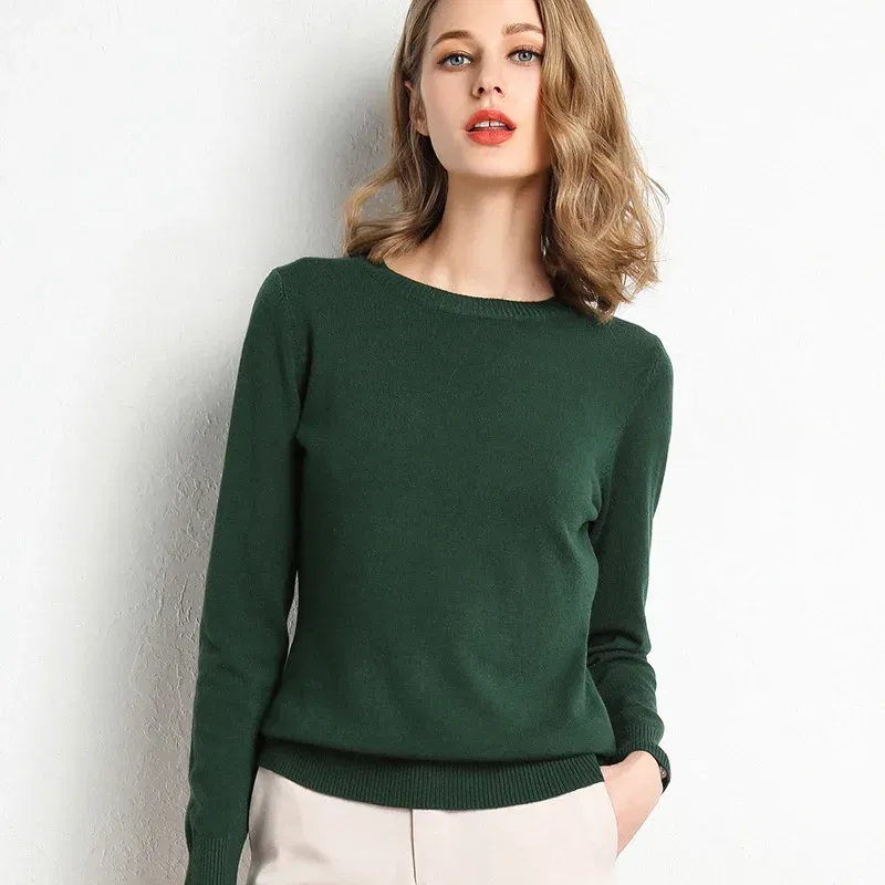 Color: GRAY, Size: M - Women Slim O-Neck Solid Pullover Cashmere Wool Blending Sweater Autumn And Winter Long-Sleeved Knit Bottoming Shirt Large Size