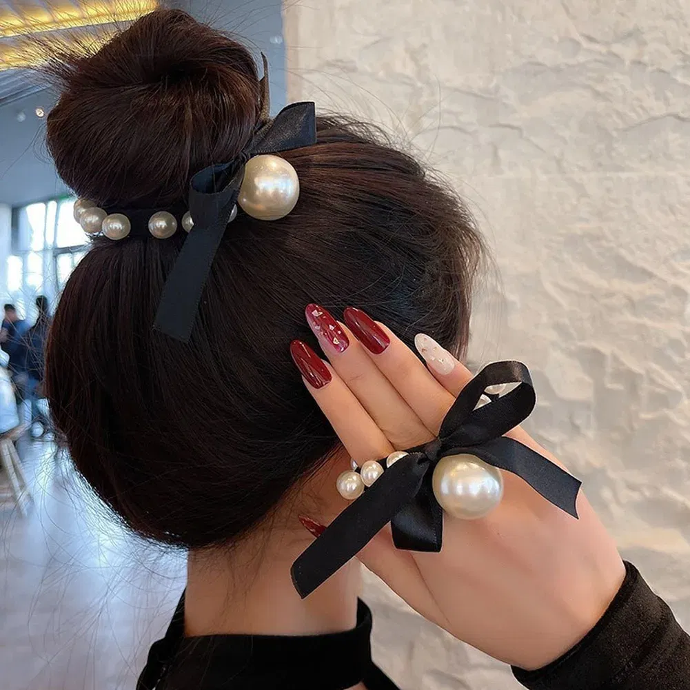 Color: Rose Red - 2022 Fashion Woman Big Pearl Hair Ties Korean Style Hairband Scrunchies Girls Ponytail Holders Rubber Band Hair Accessories