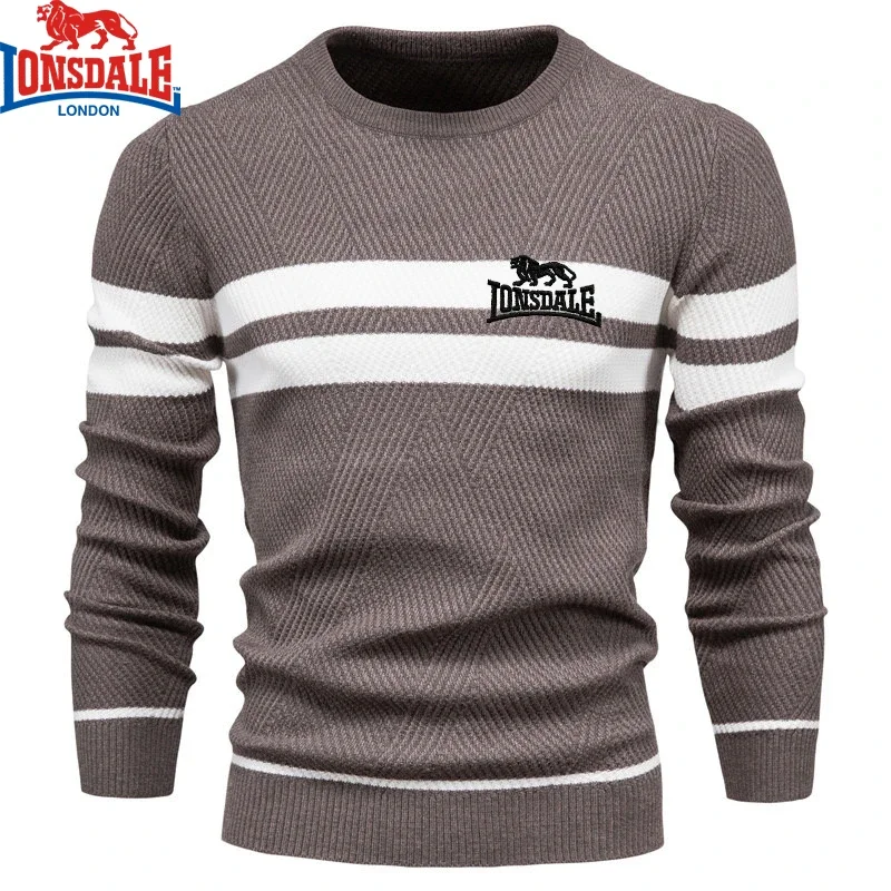 Color: Beige, Size: M - Embroidered LONSDALE Mens Boys Winter Stripe Sweater Thick Warm Pullovers Men's O-neck Basic Casual Slim Comfortable Sweaters