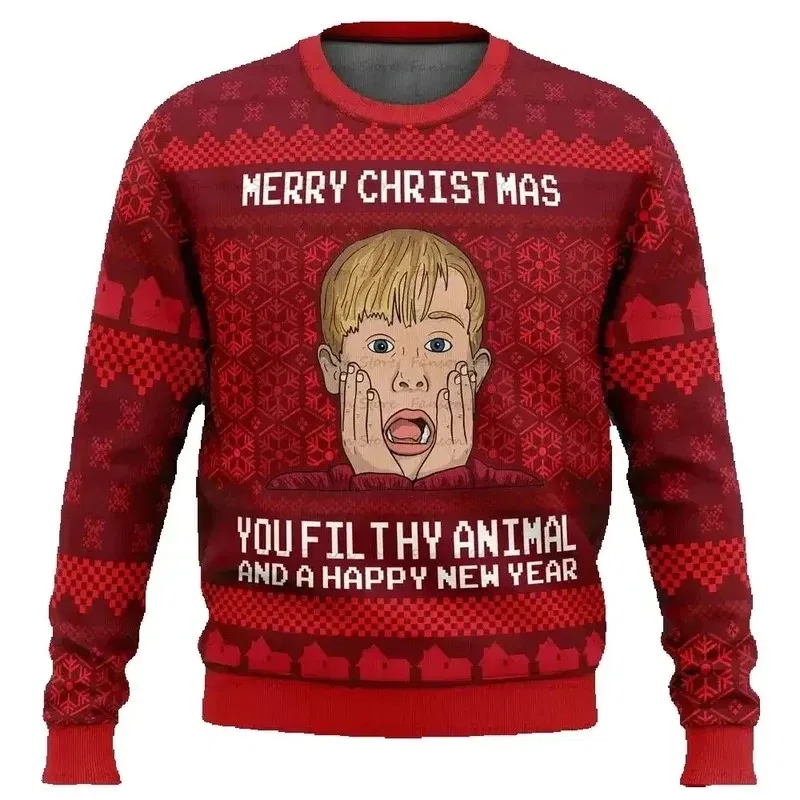 Color: Yellow, Size: L, Ships From: CHINA - Merry Christmas alone at home Ugly Christmas sweater cartoon animation Men's pullover 2026 fashionable couple shirts Sweatshirt