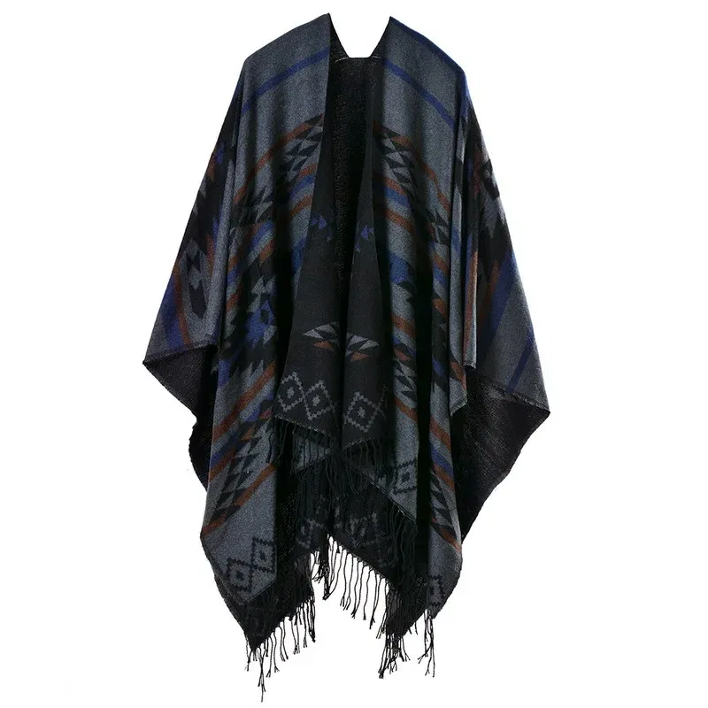 Color: camel, Size: One Size - European American Popular Tassel Thickened Cashmere Like National Style Travel Fork Shawl Scarf in autumn Ponchos Capes P9