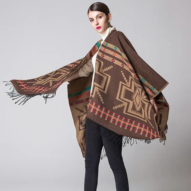 Color: camel, Size: One Size - European American Popular Tassel Thickened Cashmere Like National Style Travel Fork Shawl Scarf in autumn Ponchos Capes P9