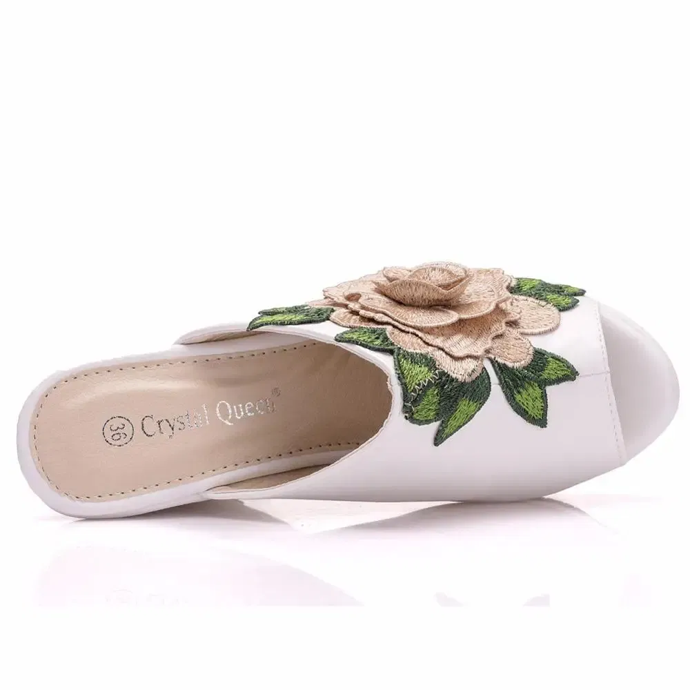 Color: WHITE, Shoe Size: 34 - Crystal Queen Black White Peep Toe Platform Wedges High Heels Slippers Beach Sandals Women Lace Flower