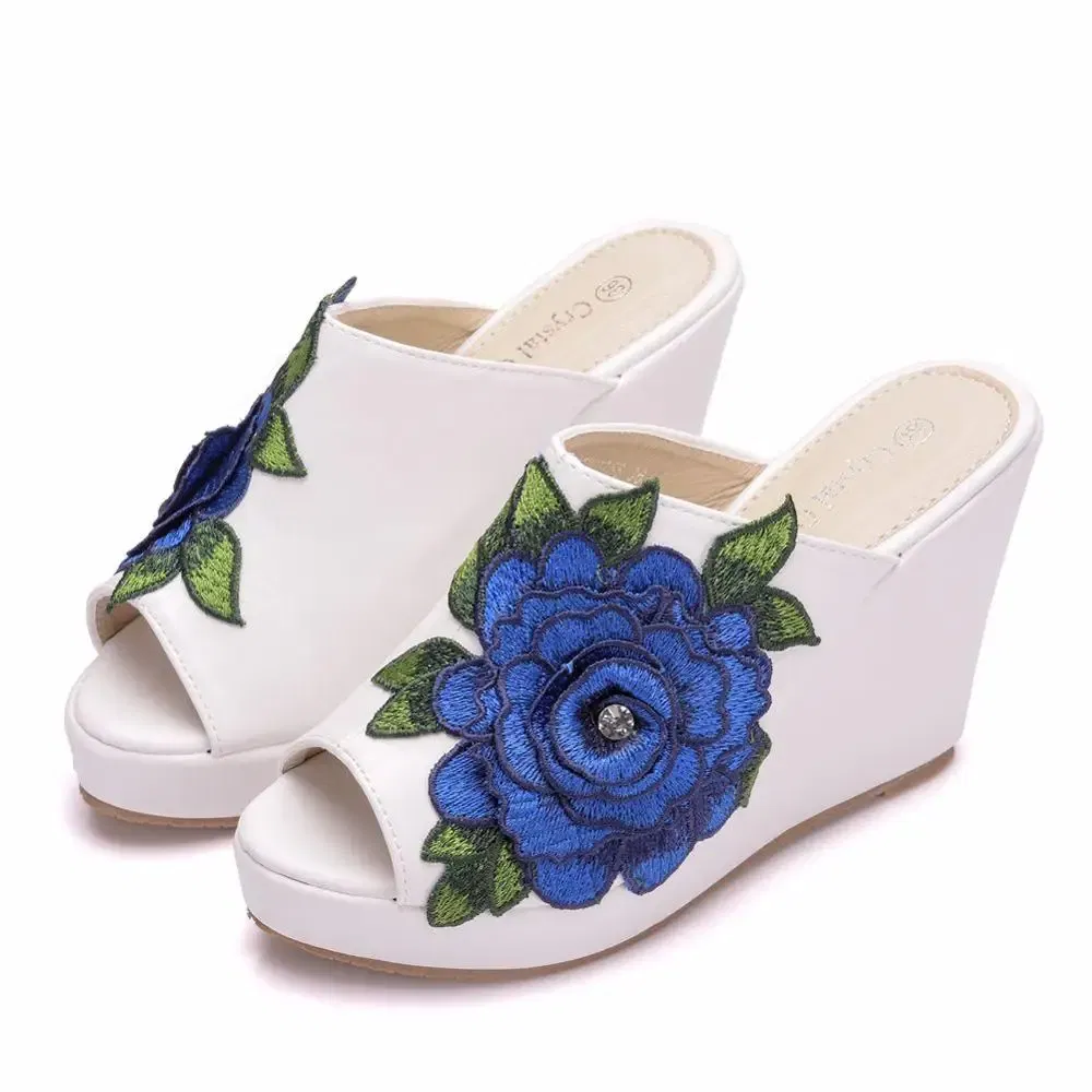 Color: WHITE, Shoe Size: 34 - Crystal Queen Black White Peep Toe Platform Wedges High Heels Slippers Beach Sandals Women Lace Flower