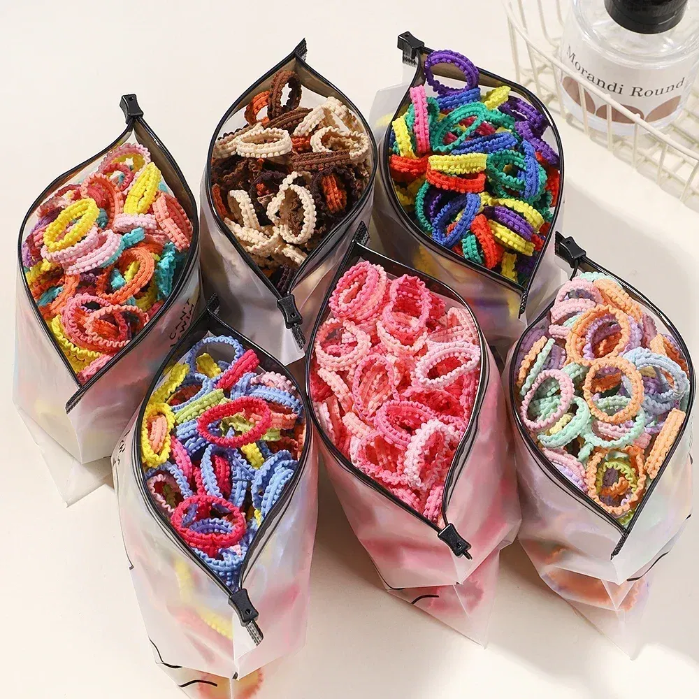 Color: Beige - 40/60pcs Kids Small Rubber Bands Girls Hair Ties Headbands Non Damaging Tie Ponytail High Elastic Durable Colorful Hair Rope Set