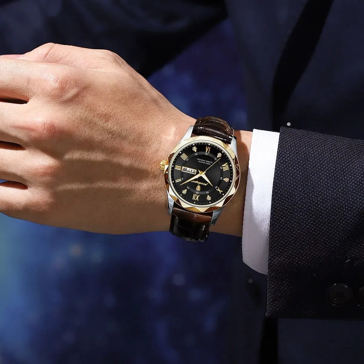 Color: Yellow - POEDAGAR Luxury Business Man Wristwatch Waterproof Luminous Date Week Men Watch For Men Quartz Clock Leather Men's Watches reloj