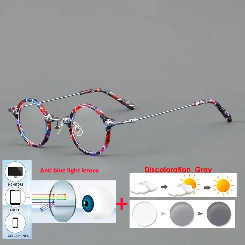 Frame Color: Blue, Eye Prescription: +400 - VCKA Anti-blue Discolor Acetate+Titanium Myopia Glasses Frames Small Round Men Prescription Optical Women Eyewear -0.50 to -10.0