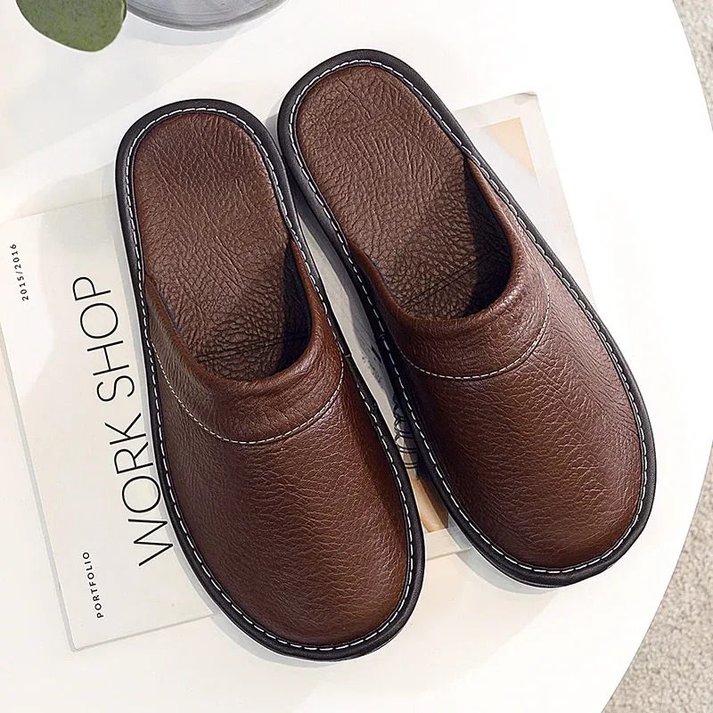 Color: GRAY, Shoe Size: 5.5 - Mens Bedroom Leather Slippers Unisex Black Home Shoes Big Size 47 48 Man's Slippers Indoor Comfy Males Slides Family Flats Shoes
