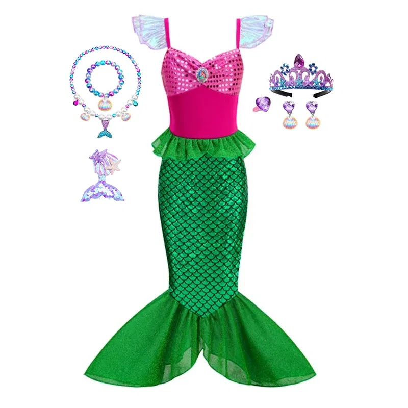 Color: GRAY, Kid Size: 9 - Disney Little Mermaid Ariel Costumes for Girls Princess Dress Cosplay Halloween Carnival Kids Birthday Party Dress Up Clothing