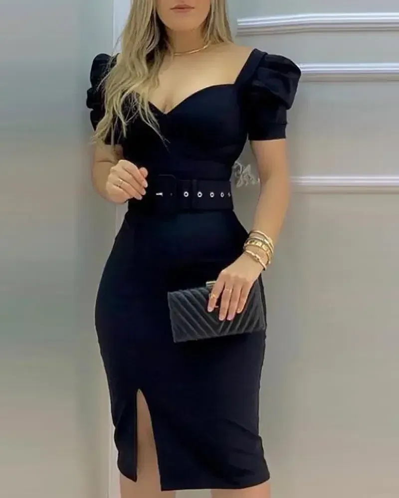 Color: black, Size: XL - Sexy Wrap Buttocks Dress Women Square Collar Puff Sleeve Dresses Basics Spliced Knee Length Slim Fit Sheath Sashes Solid