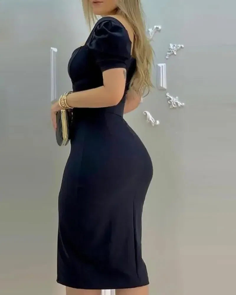 Color: black, Size: XL - Sexy Wrap Buttocks Dress Women Square Collar Puff Sleeve Dresses Basics Spliced Knee Length Slim Fit Sheath Sashes Solid