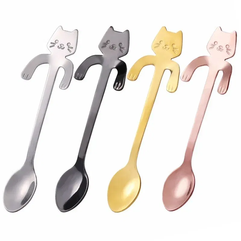 Color: Brown - Stainless Steel Coffee Spoon Lovely Cute Cat Shape Teaspoon Dessert Snack Scoop Ice Cream Mini Spoons Tableware Kitchen Tools