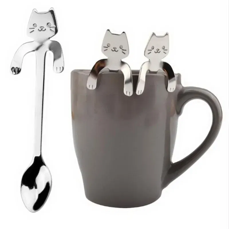 Color: Brown - Stainless Steel Coffee Spoon Lovely Cute Cat Shape Teaspoon Dessert Snack Scoop Ice Cream Mini Spoons Tableware Kitchen Tools