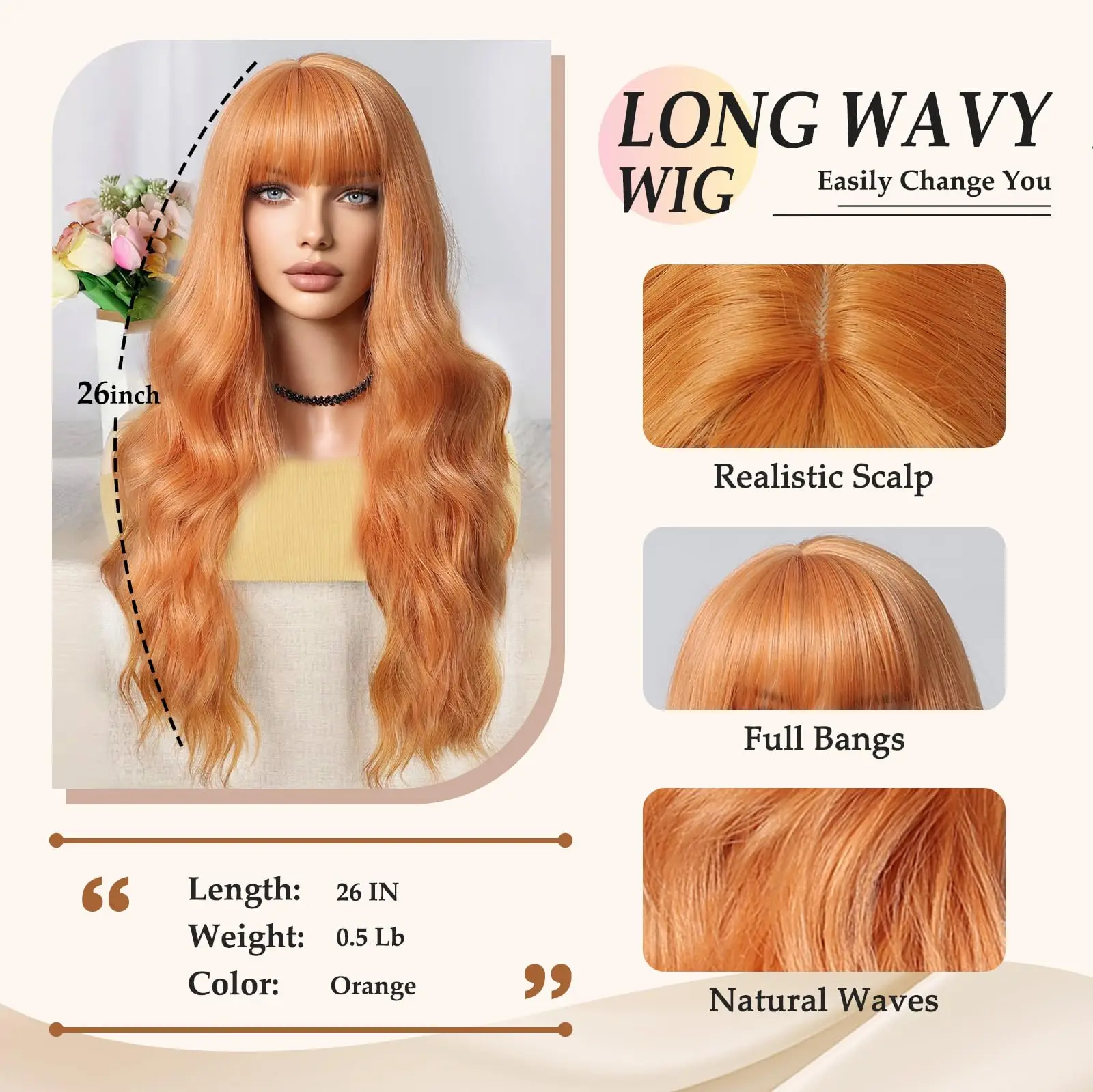 Color: P1B/30 - Orange synthetic wig with big waves for party, Halloween cosplay, daily use wig, high-temperature hair accessory