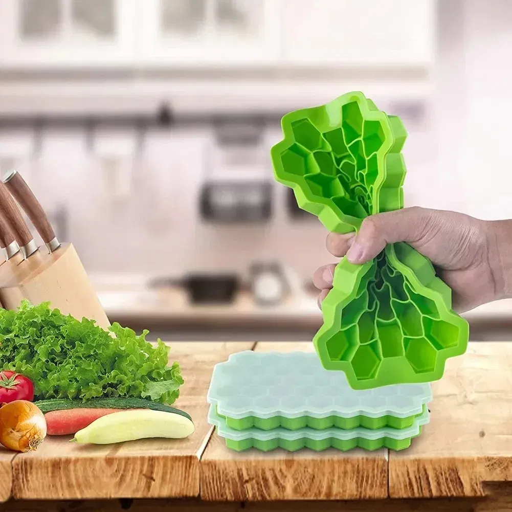 Color: Yellow - 37 Cavity Honeycomb Ice Cube Trays Reusable Silicone Ice Cube Mold BPA Free Ice Maker with Removable Lids