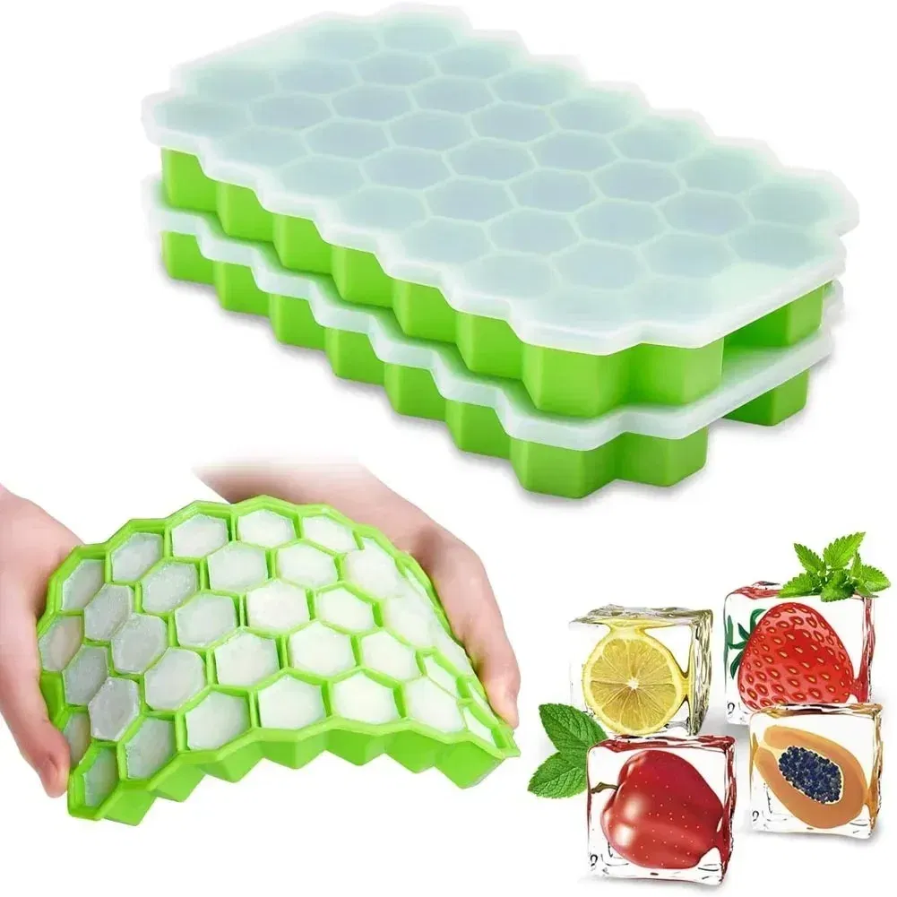 Color: Yellow - 37 Cavity Honeycomb Ice Cube Trays Reusable Silicone Ice Cube Mold BPA Free Ice Maker with Removable Lids