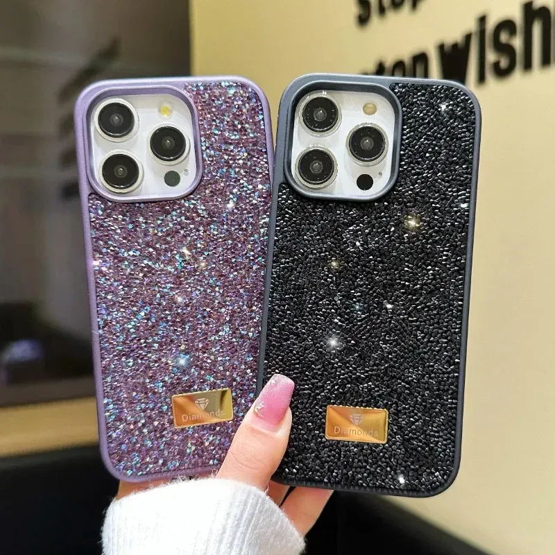 Material: ABS, Color: Beige - Luxury INS Dazzling Full Covered Zircon Macaroon Color Phone Case for iPhone 16 15 14 11 12 13 Pro Max Plus Back Cover