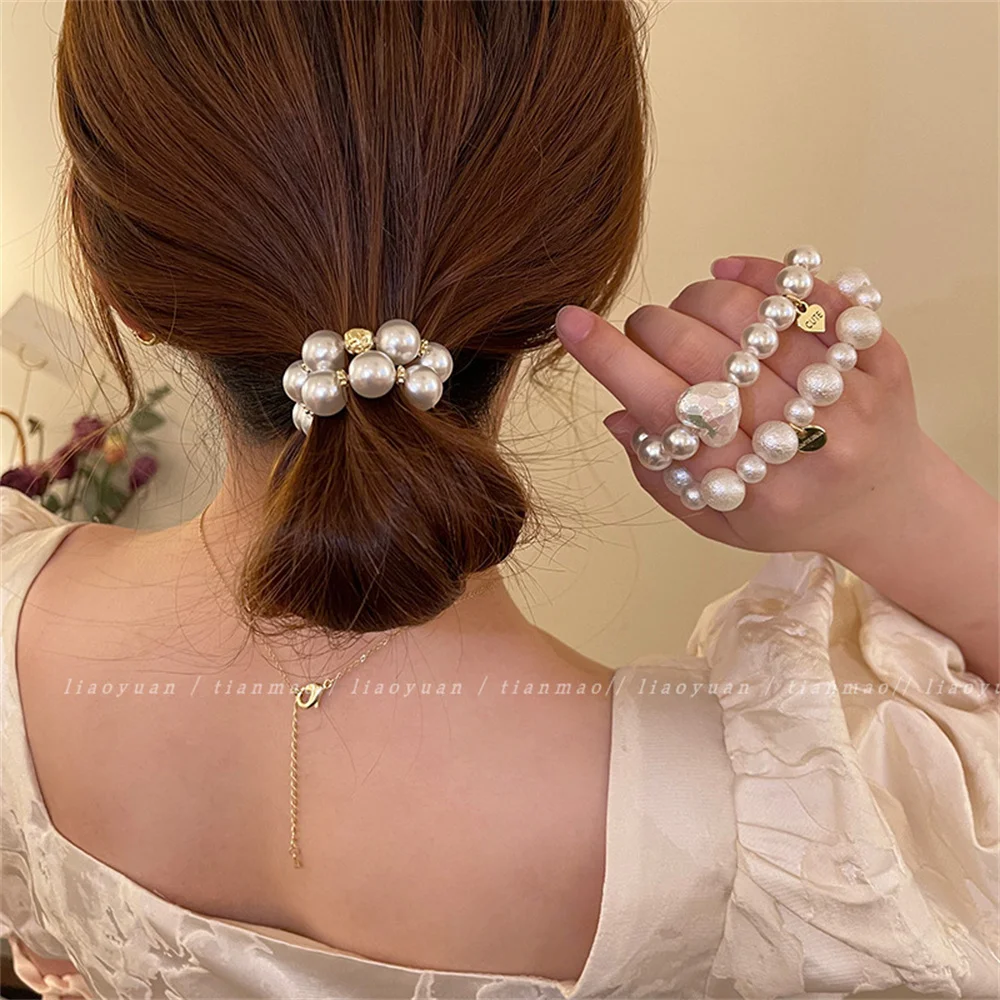 Color: Sky blue - Exquisite Pearl Beaded Hair Ties Bracelet Sweet Ponytail Braid Hair Rope for Women Girl Fashion Headwear Hair Accessories Gift