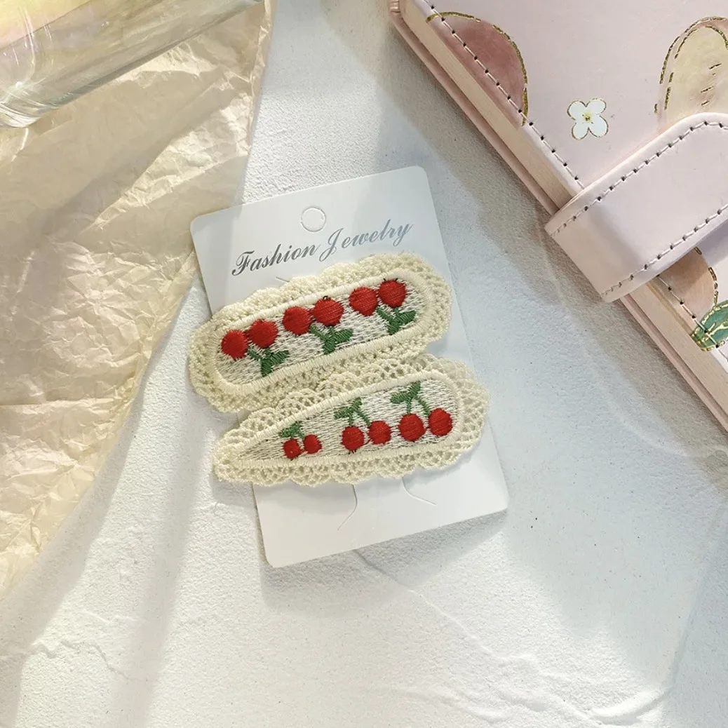 Color: SKY BLUE - 2Pcs Sweet Girl Embroidery Hairpin Lace Side Clip Cute Kids Hair Ornament Pastoral Style Fruit Pattern Headwear
