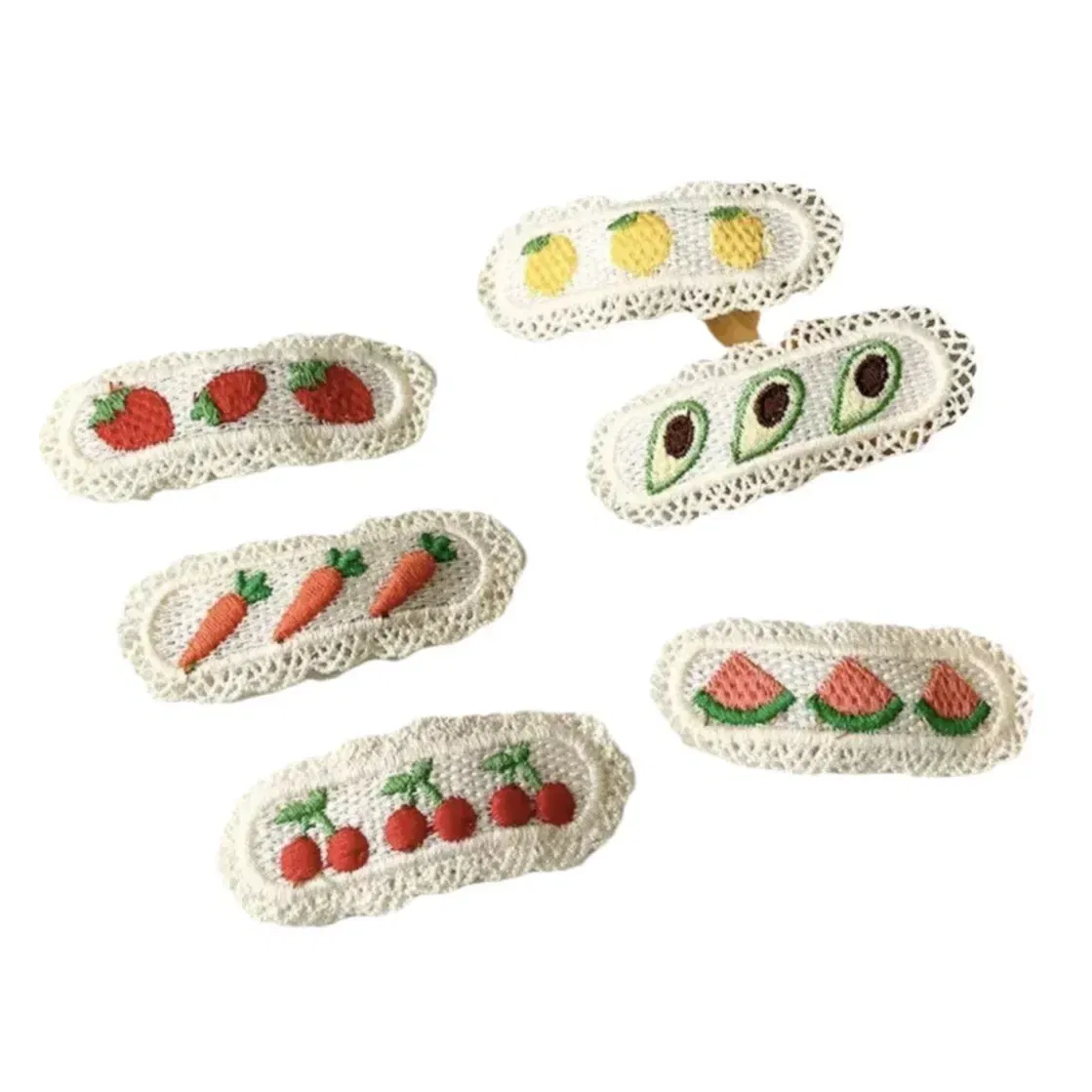 Color: SKY BLUE - 2Pcs Sweet Girl Embroidery Hairpin Lace Side Clip Cute Kids Hair Ornament Pastoral Style Fruit Pattern Headwear
