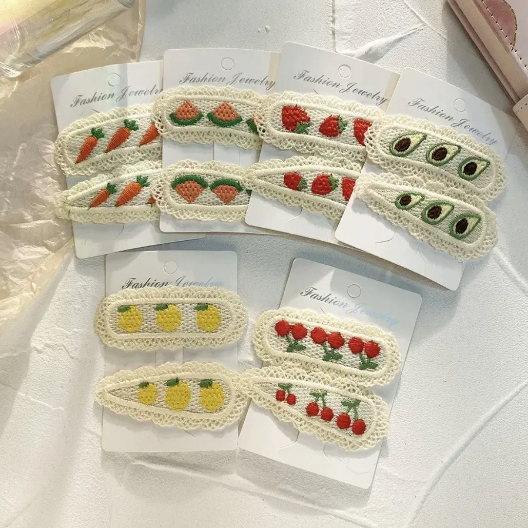 Color: SKY BLUE - 2Pcs Sweet Girl Embroidery Hairpin Lace Side Clip Cute Kids Hair Ornament Pastoral Style Fruit Pattern Headwear