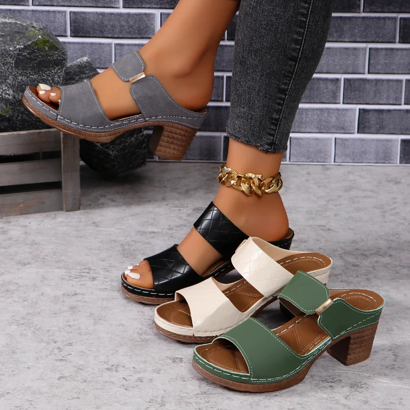 Color: Beige, Shoe Size: 42 - Women Summer Lightweight Hollow Sandals High Heels New Dress Chunky Open Toe Slippers Female 2024 Casual Slingback Slides Shoes
