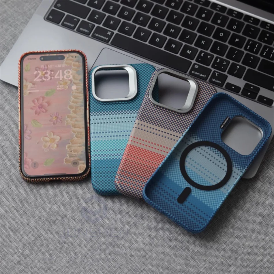 Color: Beige, Material: PP - Luxury Magnetic Stand Metal Lens Relief Carbon Fibre Pattern For Magsafe Case For iPhone 15 14 13 Pro Max Shockproof  Back Cover