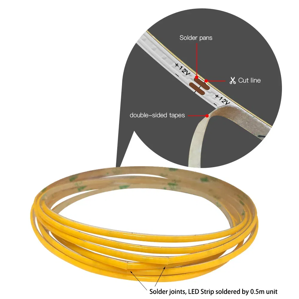 Emitting Color: Green, Color: Yellow, Length: 4 m - 2.7mm Ultra Slim COB LED Strip Lights 480LEDs/m Flexible Linear Light Tape Diode Ribbon Backlight Red Amber Purple Car Dimmable