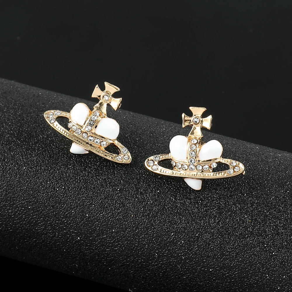 Metal Color: Gold-color - Saturn Planet Stud Earrings For Women Girl Heart Earrings