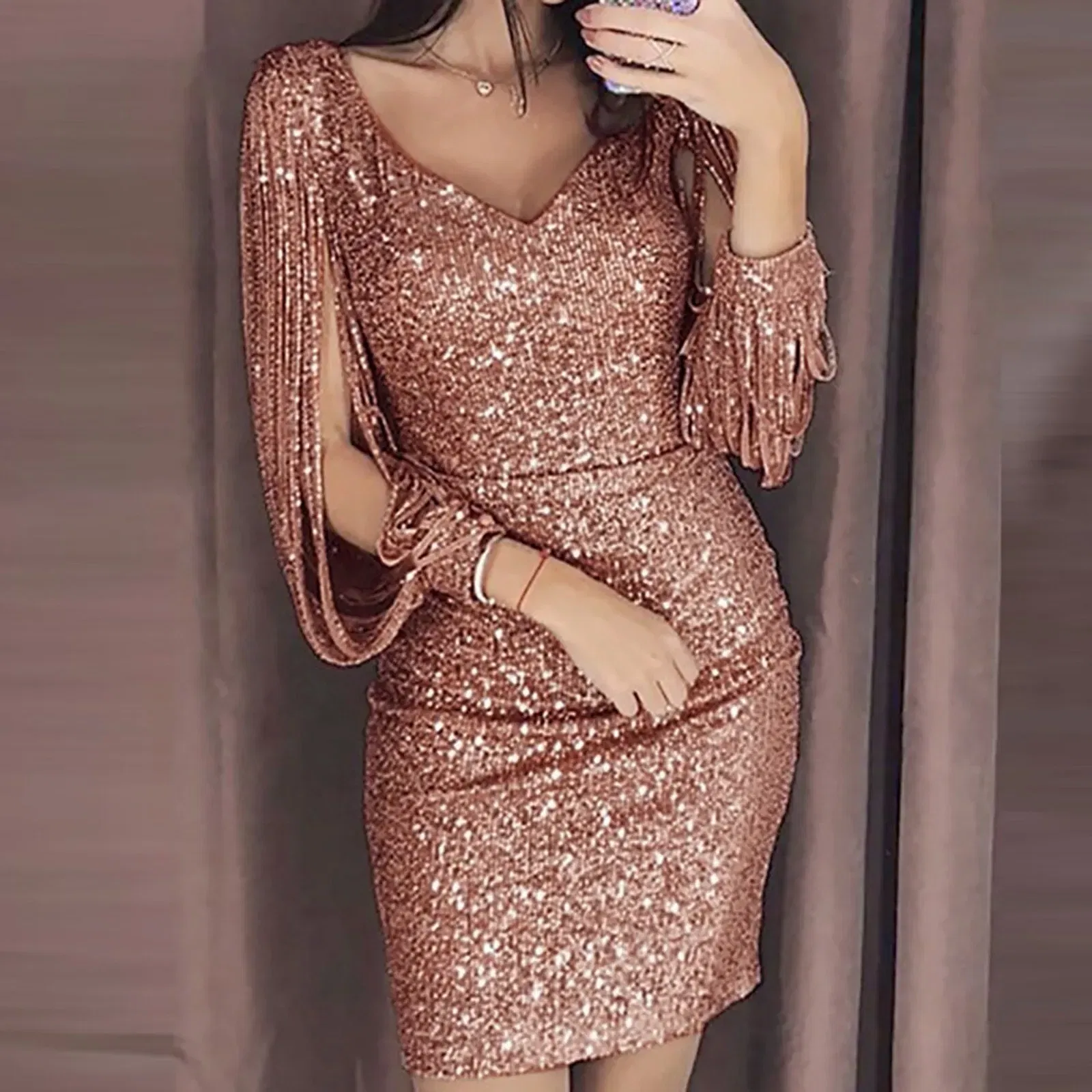 Color: Khaki, Size: M, Ships From: CN - 2024 New Women Sexy Dresses Glitter Sparkly Sequin Tassel Sleeves V Neck Club Mini Skinny Sundress Elegant Ladies Party Dresses