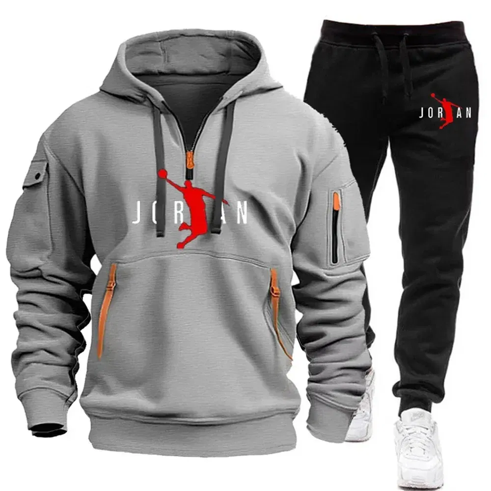 Color: Blue, Size: XXXL - 2025 new men's zipper multi-pocket hoodie loose casual sweater suit spring and autumn European size new fashion print