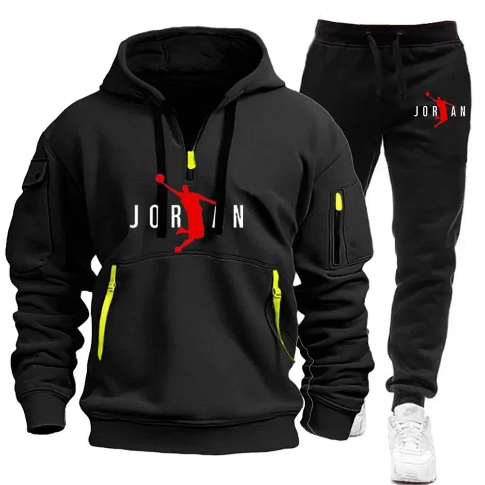 Color: Blue, Size: XXXL - 2025 new men's zipper multi-pocket hoodie loose casual sweater suit spring and autumn European size new fashion print
