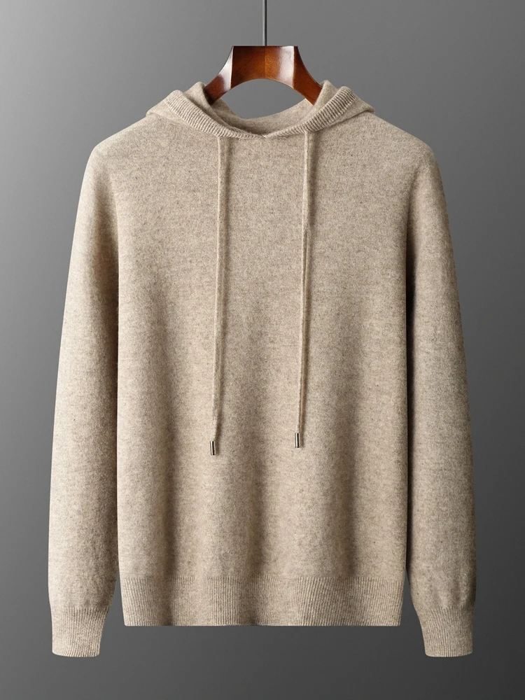 Color: Light Grey, Size: M - MEETCC Luxury Men Cashmere Hooded Pullover Thick Warm Hoodie Sweater Autumn Winter 100% Cashmere Knitwear Quality Jumpers Tops