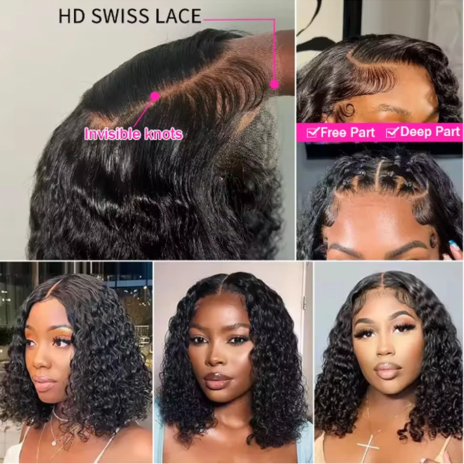Hair Color: #1, Stretched Length: 12INCHES - 13X4 Glueless Water Wave Wigs Human Hair Pre Cut Bob Wig Ready To Go 180% Density 4x4 Water Wave Lace Closure Wigs Human Hair