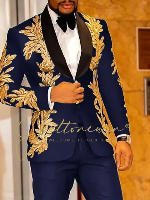 Color: Brown, Size: L - Luxury Groom Wedding Tuxedos Gold Sequins Appliques Black Men Suits Slim Fit Costume Homme Marriage Prom Suits
