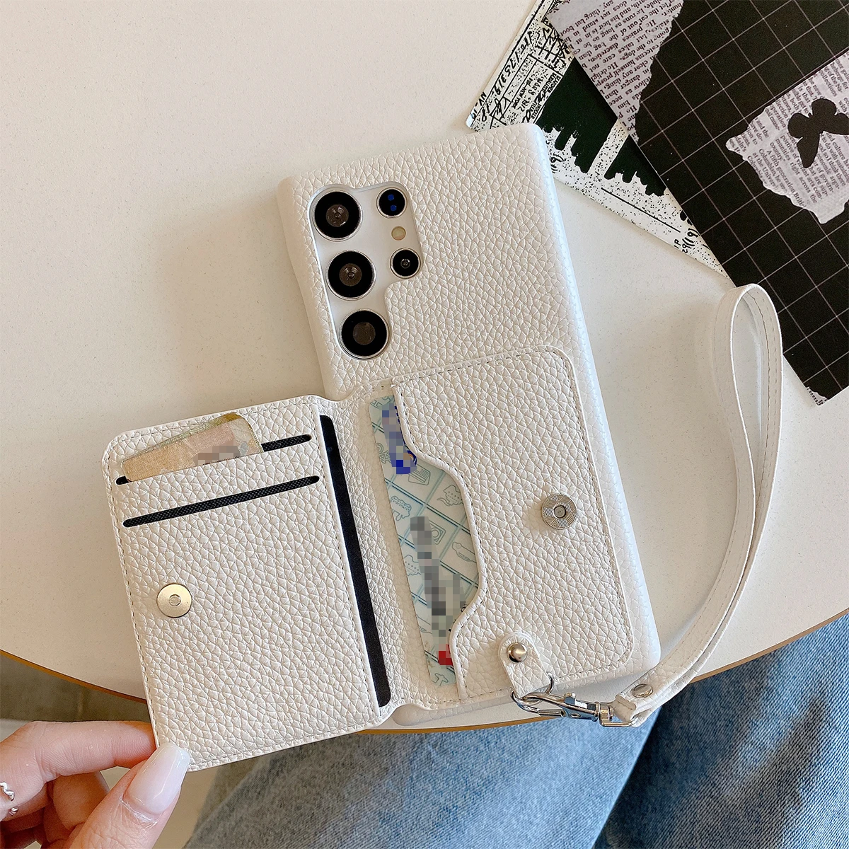 Color: WHITE, Material: Cotton Fabric - Luxury Lanyard Wallet Case For Samsung Galaxy S21 FE S22 S23 Plus Note 20 Ultra A52 A53 A54 5G Lichee Pattern Leather Cover